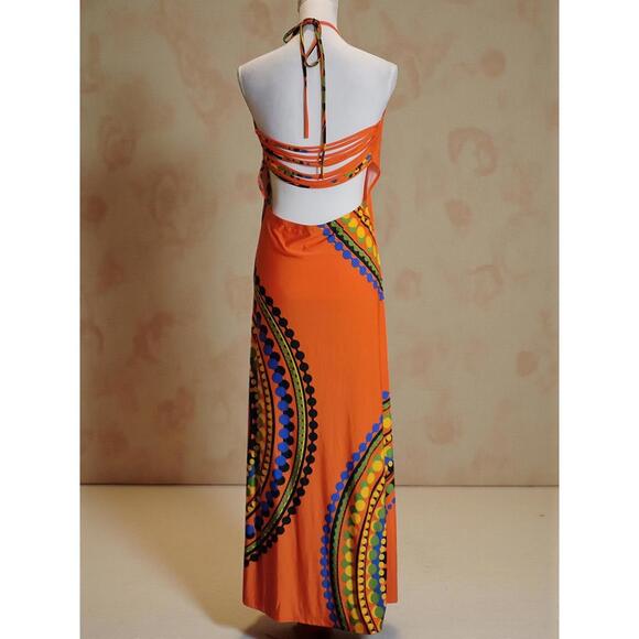Venus Medium Size Orange Maxi Dress with Colorful Pattern - Picture 6 of 8